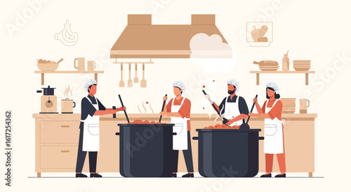 Teamwork In A Commercial Kitchen With Chefs Cooking Delicious Food Together