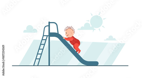 Playful Illustration Of Toddler Climbing A Blue Slide On A Sunny Day