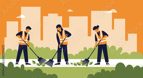 Teamwork Keeps City Streets Clean With Sweepers And Vector Illustration