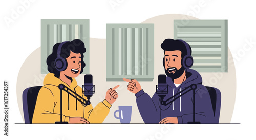 Podcast Recording With Two People Wearing Headphones and Using Microphones