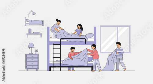 Teamwork Making Bunk Beds: Young People Putting Together Linens In Dorm