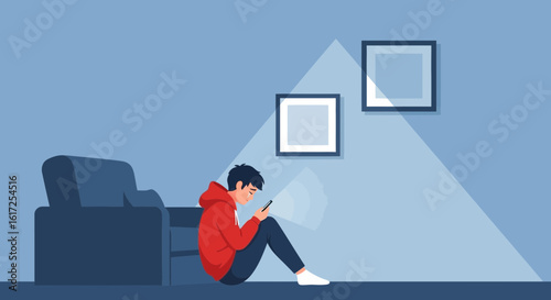 Teenager engrossed in smartphone at home illustration reflecting modern isolation and digital engagement