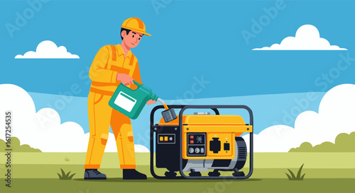 Technician Refueling a Portable Generator with Fuel in an Outdoor Setting.