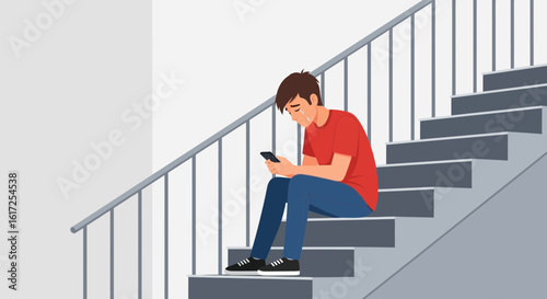 Teenager Experiencing Loneliness And Depression While Using His Mobile Phone