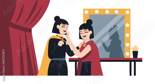 Ready For Showtime Actresses Preparing Near A Mirror With Theatrical Setting