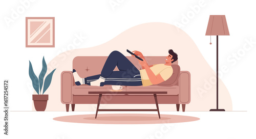 Relaxed Man Watches Television At Home On Comfortable Sofa During Leisure Time