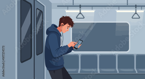 Teenager In Subway With Cracked Smartphone Loneliness During Commute