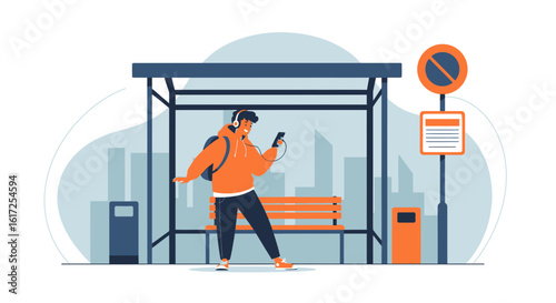 Teenager With Phone Listening Music At Bus Stop In Cityscape Illustration