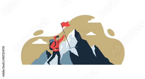 Triumph Illustration Hiker Reaching Mountain Summit, Planting Victory Flag