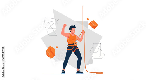 Triumphant Climber Reaching Summit Against Geometric Modern Background