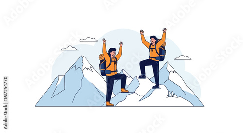 Two Adventurous Friends Celebrate Reaching the Mountain Summit Together