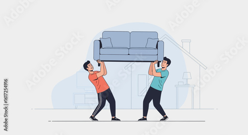 Two Men Carrying A Sofa During Relocation Services Home Delivery