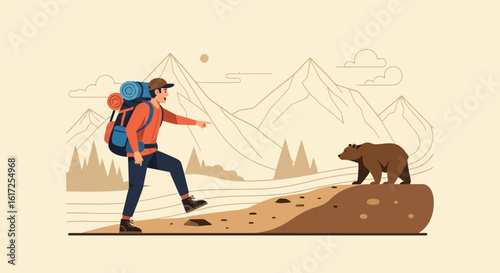 Unexpected Encounter Hiker Spotting A Bear During Mountain Trekking Adventure