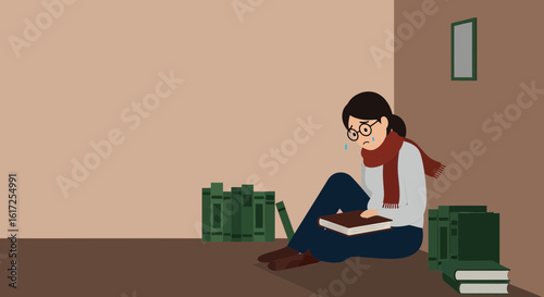 Sad Bookworm Feeling Overwhelmed With Studies And Surrounded By Books