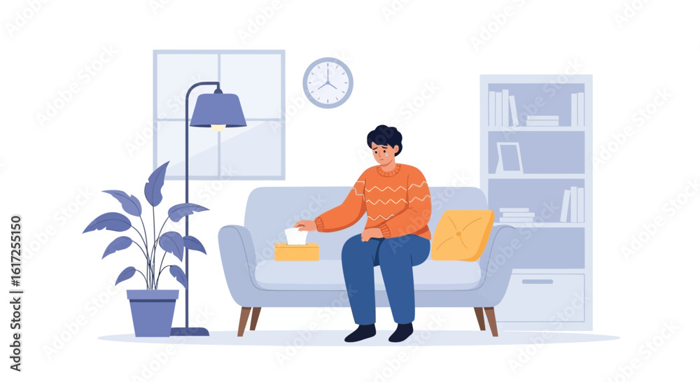 Fototapeta premium Sad Man Feeling Depression And Loneliness Sitting on Sofa At Home
