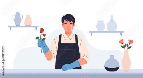 Sad Florist With Roses Feeling Disappointed In Shop Studio