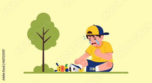 Upset little boy with a torn toy sitting on the grass in a park illustration