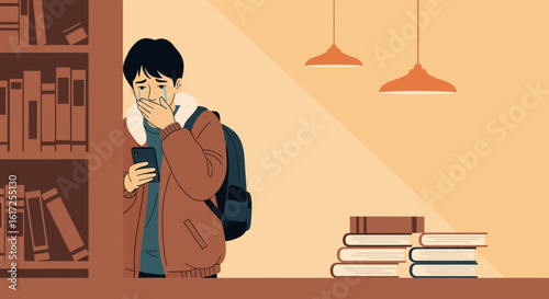 Upset Student With Smartphone Standing Near A Bookshelf Feeling Overwhelmed