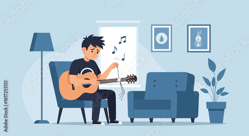 Upset musician with broken guitar in living room, reflecting musical mishap and creative frustration showing disappointment and setback
