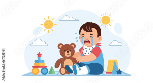 Upset toddler crying with teddy bear amidst scattered toys in a playroom