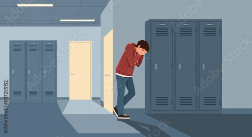 Upset Teenage Boy Leaning Against Lockers Experiencing Mental Health Challenges