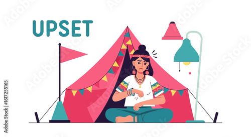 Upset woman checking time in front of a camping tent with modern design elements