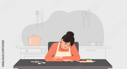 Upset Woman In Kitchen After Unsuccessful Cooking Experience Illustration