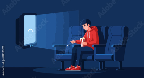 Sad teenage boy in the cinema waiting for the film to start, vector illustration