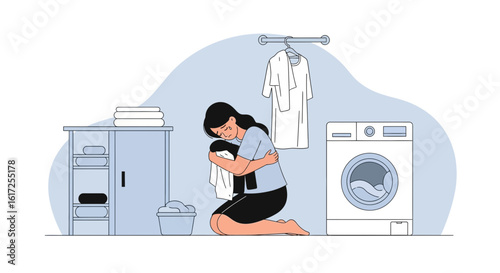 Sad Woman Crying In Laundry Room, Experiencing Loss Or Loneliness Concept