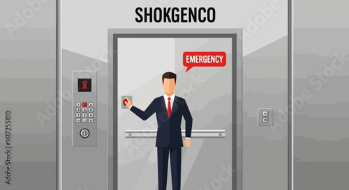 Urgent situation: Businessman pressing the emergency button inside the elevator, requesting assistance immediately, help him immediately