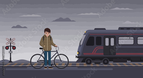 Urban Commute Illustration Boy With Bicycle Waiting Train In Gray Day