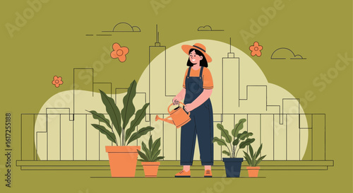 Urban Gardener Nurturing Plants In Balcony Garden Overlooking City Skyline