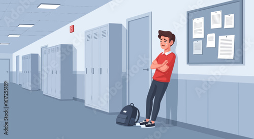 Upset Young Student Leaning Against Wall In School Hallway Feeling Down