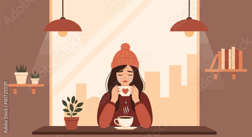 Sad woman feeling lonely drinking coffee in a cafe at a cozy place in winter illustration