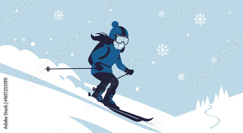 Vector illustration of a woman skiing down a snowy slope during winter season