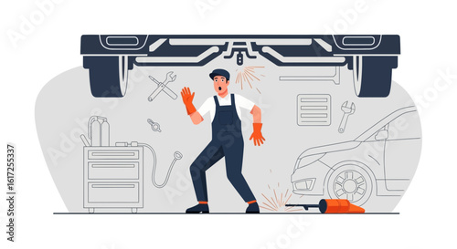 Scared Mechanic in Auto Repair Shop Witnessing Sparks While Welding Car Chassis