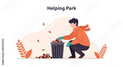 Volunteer Cleans Up Fallen Leaves at Autumnal Park Scene Illustration