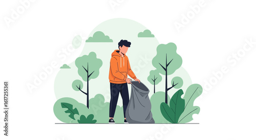 Volunteer Collecting Waste In a Bag in a Park Environment Illustration
