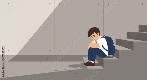 Schoolboy Drowning His Sorrows On Staircase After Feeling Lonely And Depressed