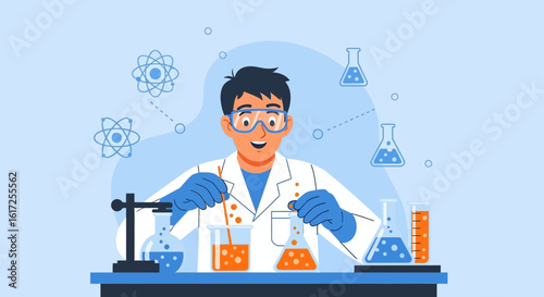 Scientist Character Conducting Scientific Experiment in Laboratory Setting Illustration