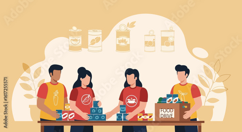 Volunteers At Food Drive Sorting Canned Goods For Community Charity Support