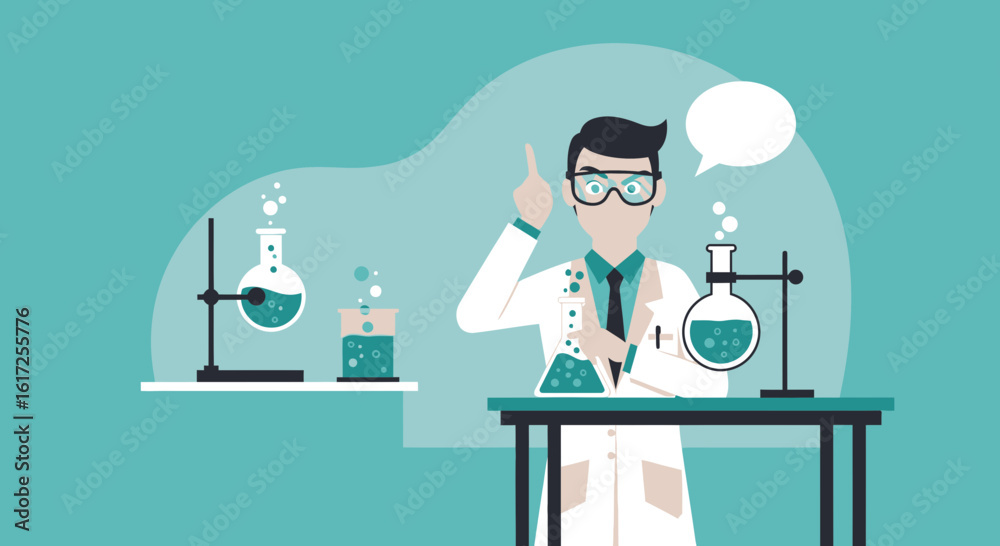 Fototapeta premium Scientist In Lab Coats Conducting Chemistry Experiments With Bubble Speech
