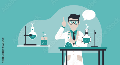 Scientist In Lab Coats Conducting Chemistry Experiments With Bubble Speech
