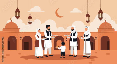 Welcoming Ramadan With Generosity A Flat Illustration Of Community Sharing Iftar