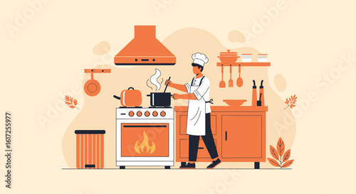 Whimsical Chef Prepares A Meal In A Muted Orange Themed Kitchen Illustration