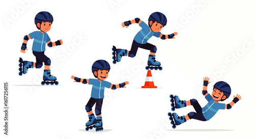 Cartoon Boy Rollerblading in Various Action Poses