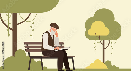 Senior man sitting on a bench in the park and reading a book illustration