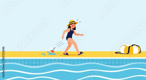 Woman Accidentally Spilling Cocktail Near Swimming Pool On Vacation During Summer