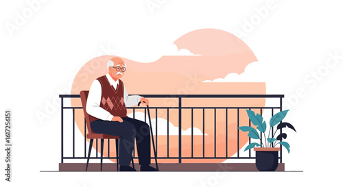 Senior Man Sitting On Balcony Thinking About His Loneliness