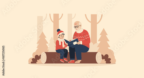 Winter Storytime Grandfather Reads To Grandson On Fallen Log In Forest